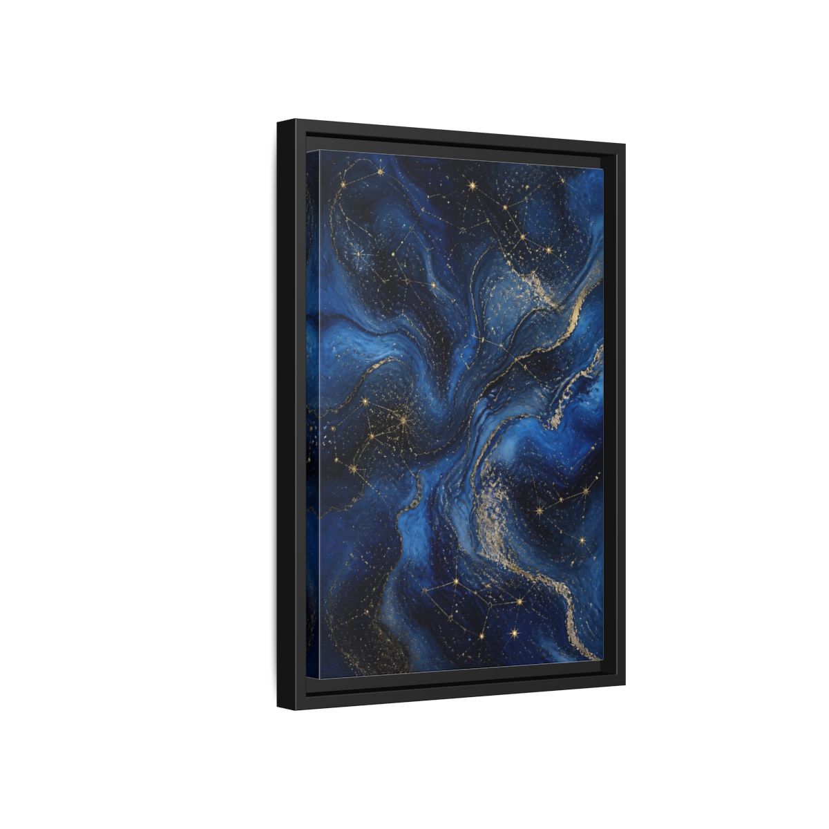 Side Mockup 6. Abstract Cosmic Swirls Blue Gold Abstract shown as stretched canvas wall art