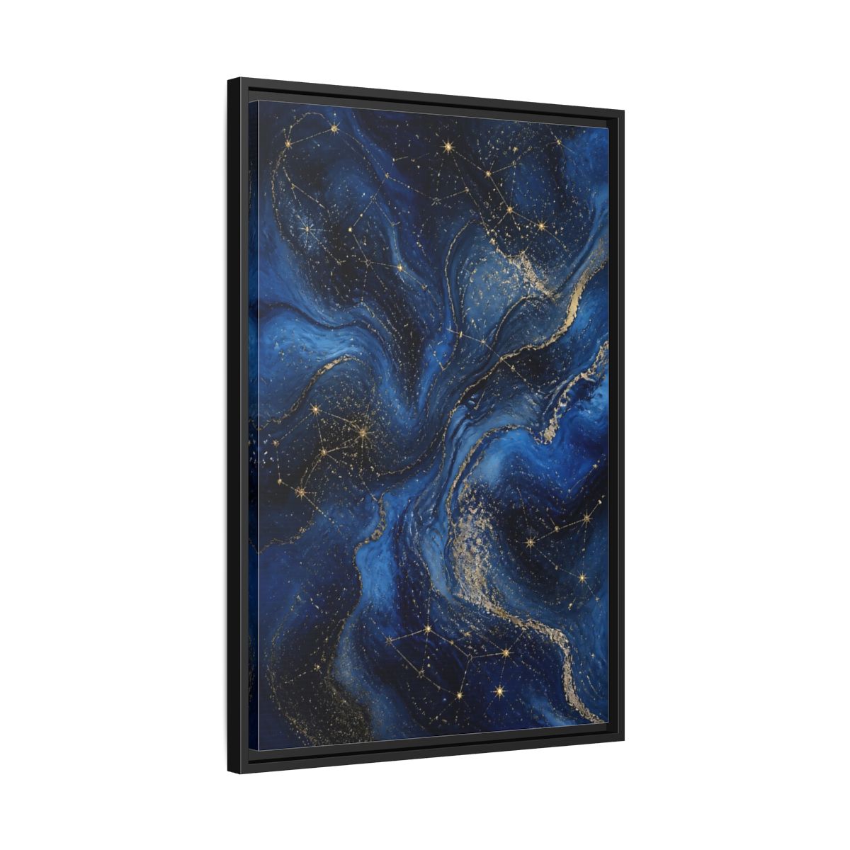Side Mockup 14. Abstract Cosmic Swirls Blue Gold Abstract shown as stretched canvas wall art