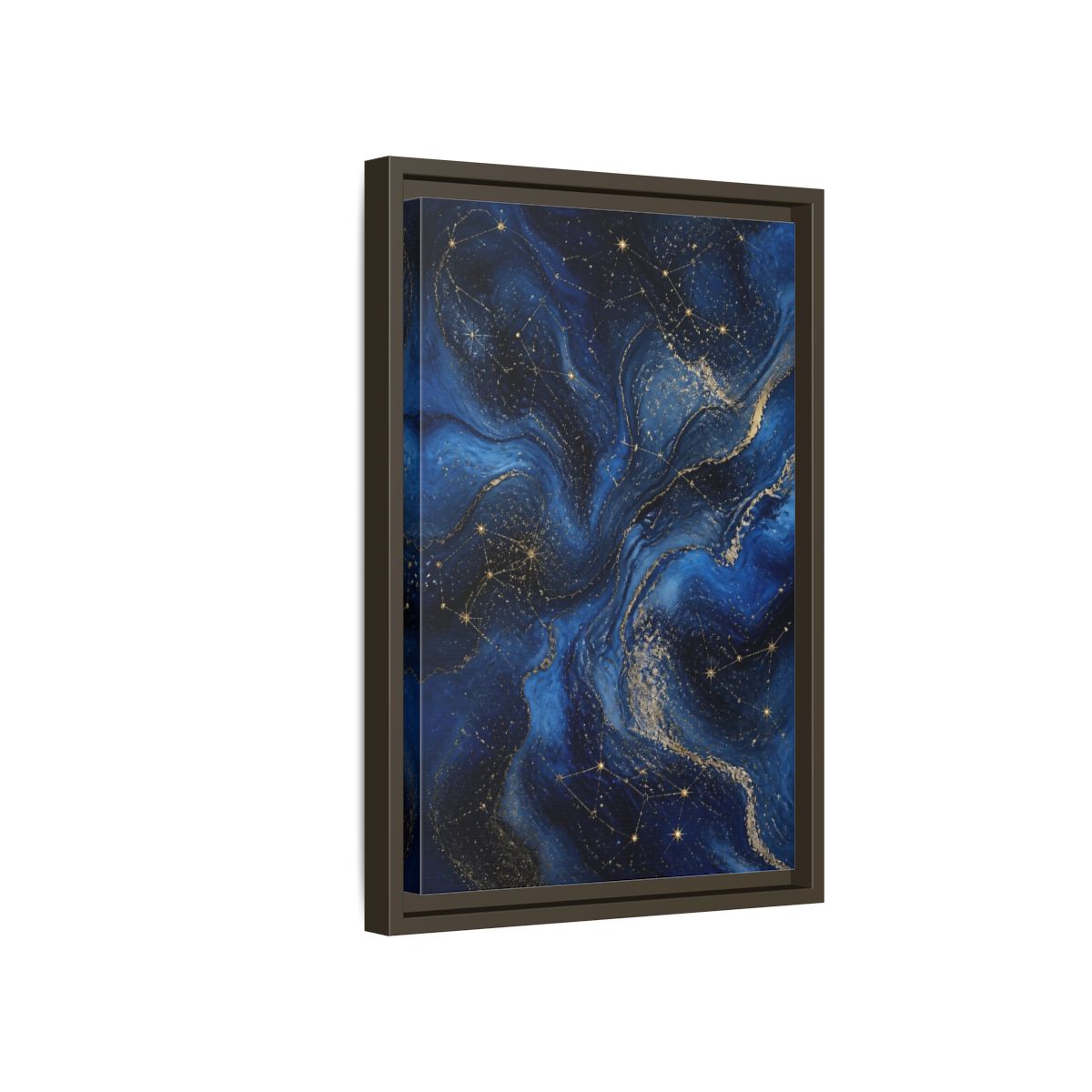 Side Mockup 5. Abstract Cosmic Swirls Blue Gold Abstract shown as stretched canvas wall art
