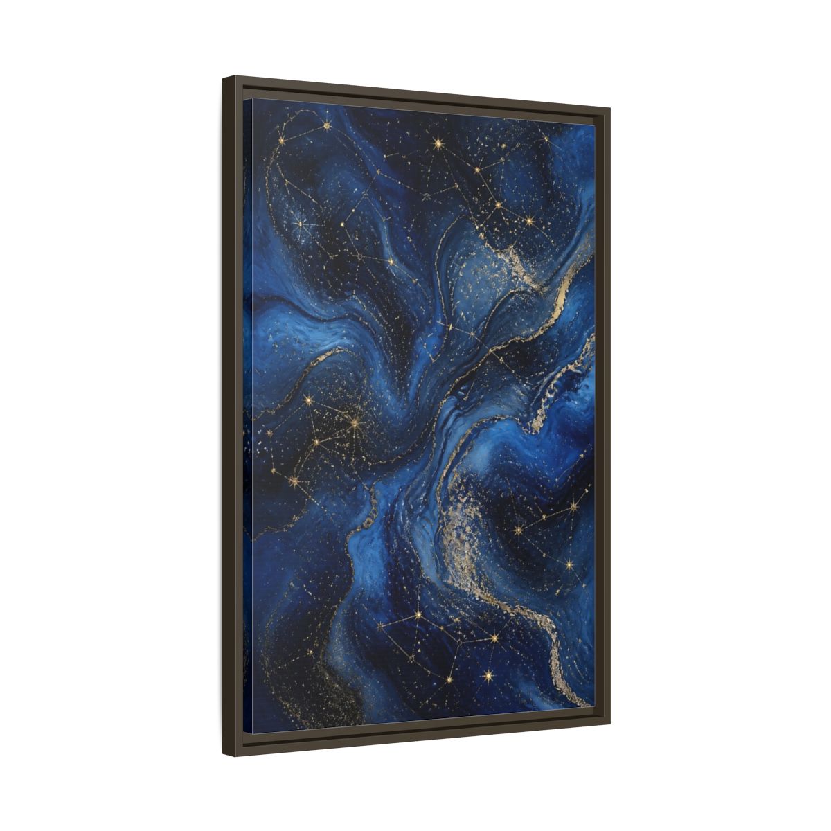 Side Mockup 11. Abstract Cosmic Swirls Blue Gold Abstract shown as stretched canvas wall art