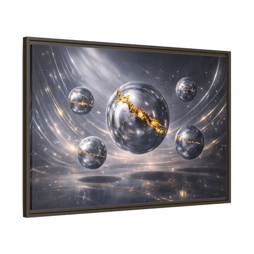 Main Mockup. Abstract Cracked Spheres Gold And Silver shown as stretched canvas wall art