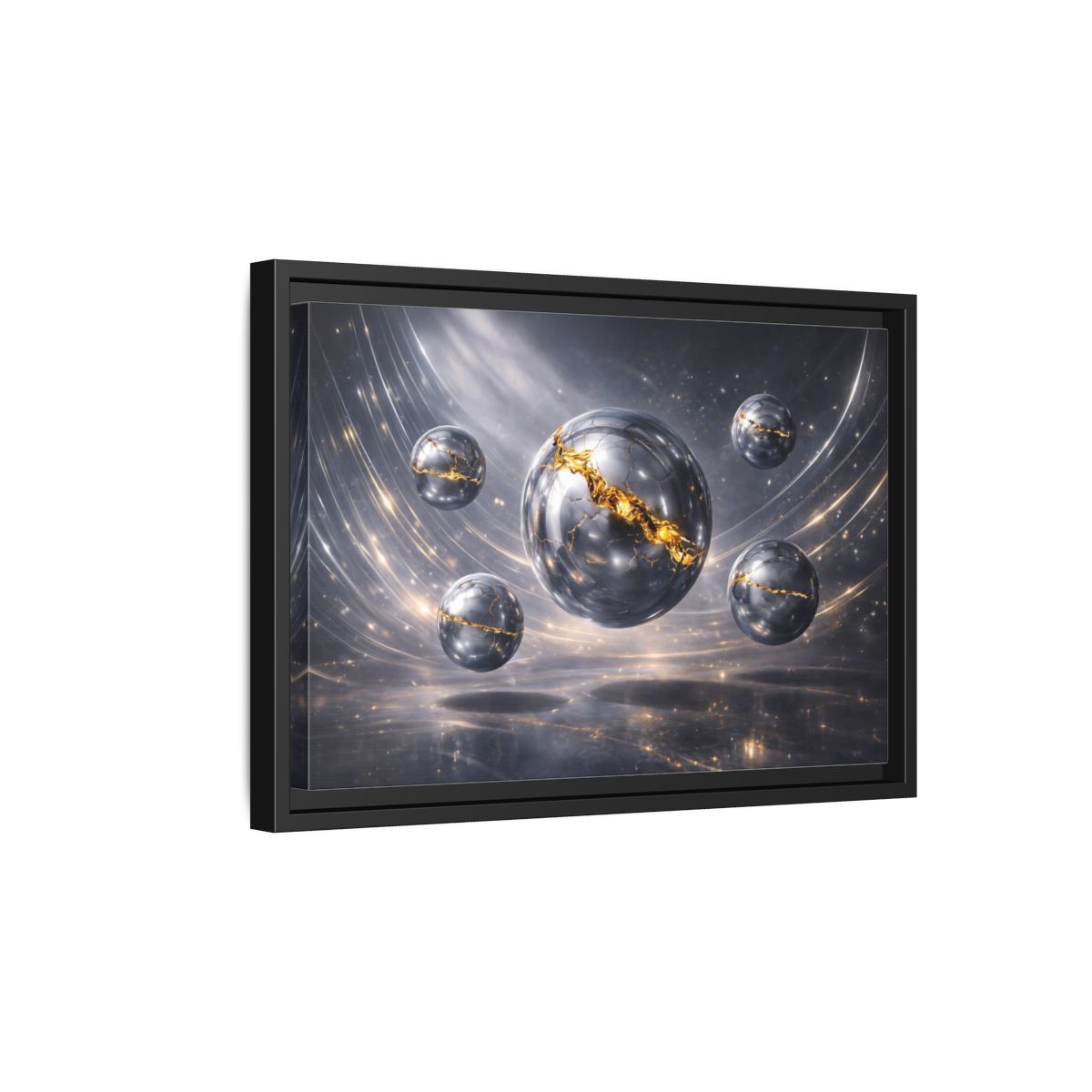 Side Mockup 6. Abstract Cracked Spheres Gold And Silver shown as stretched canvas wall art
