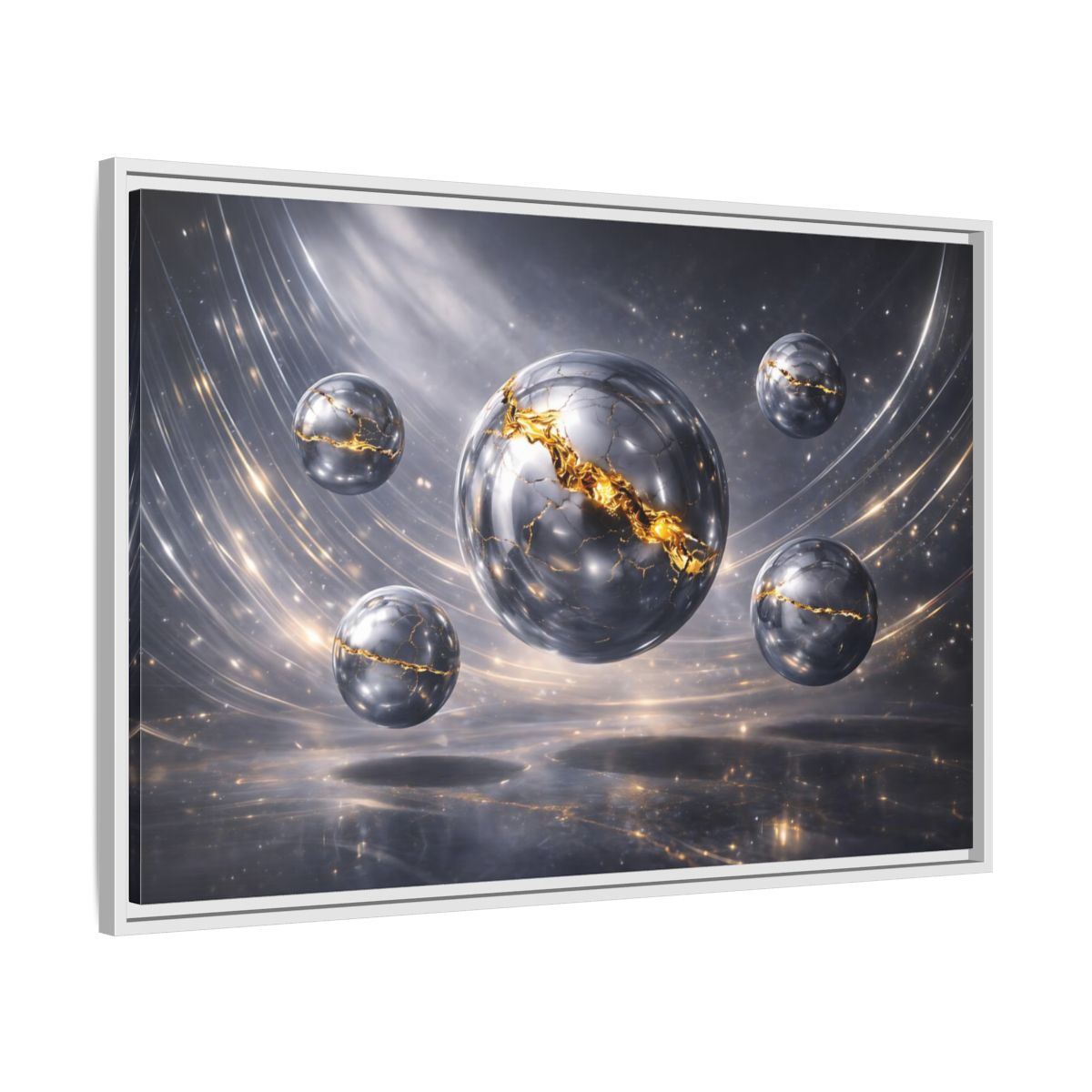 Side Mockup 9. Abstract Cracked Spheres Gold And Silver shown as stretched canvas wall art