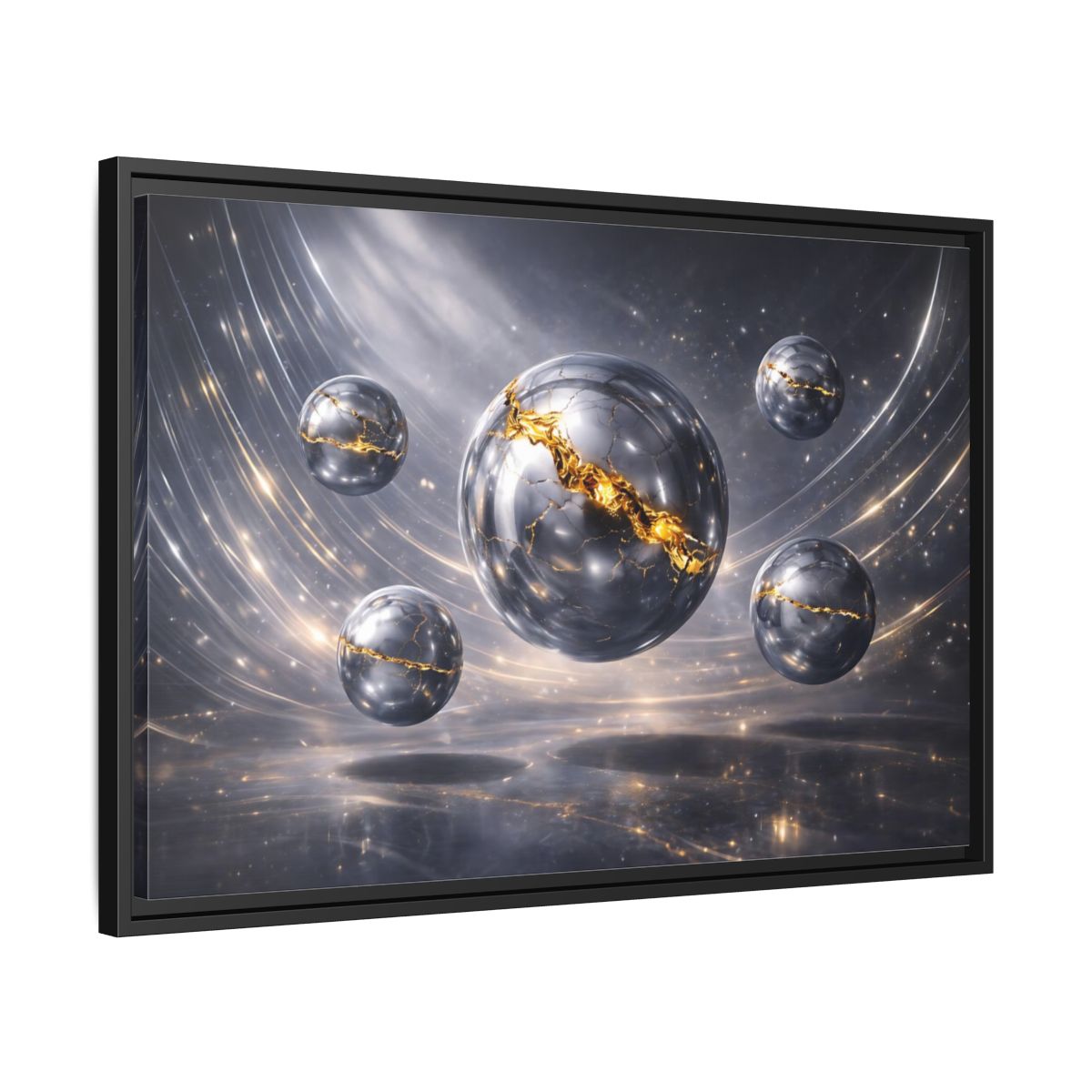 Side Mockup 14. Abstract Cracked Spheres Gold And Silver shown as stretched canvas wall art