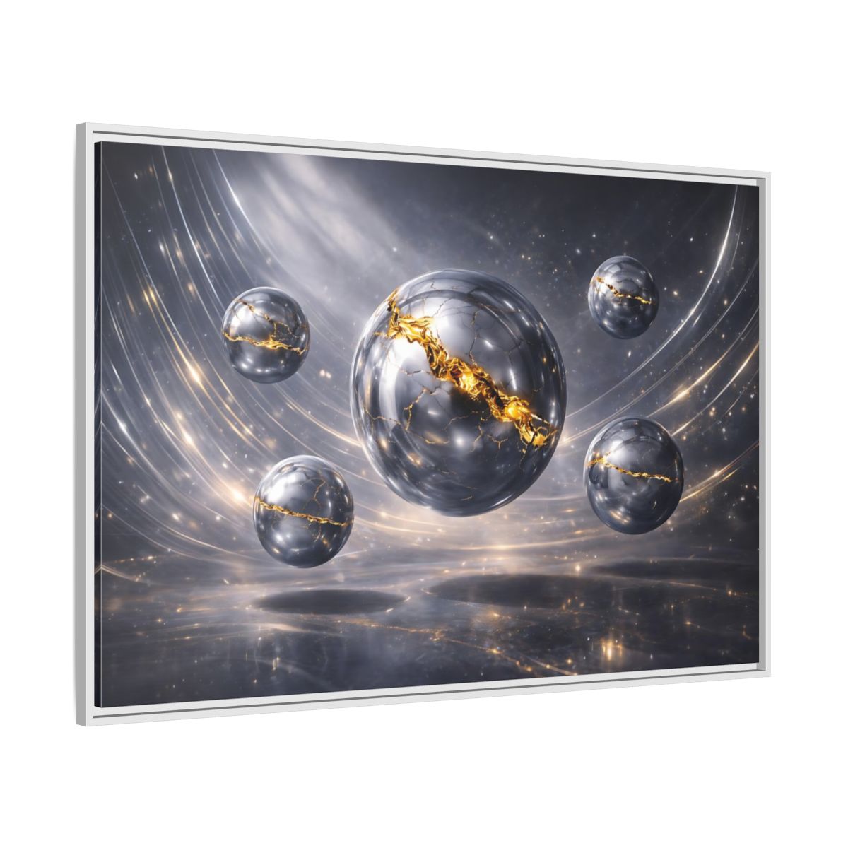 Side Mockup 7. Abstract Cracked Spheres Gold And Silver shown as stretched canvas wall art