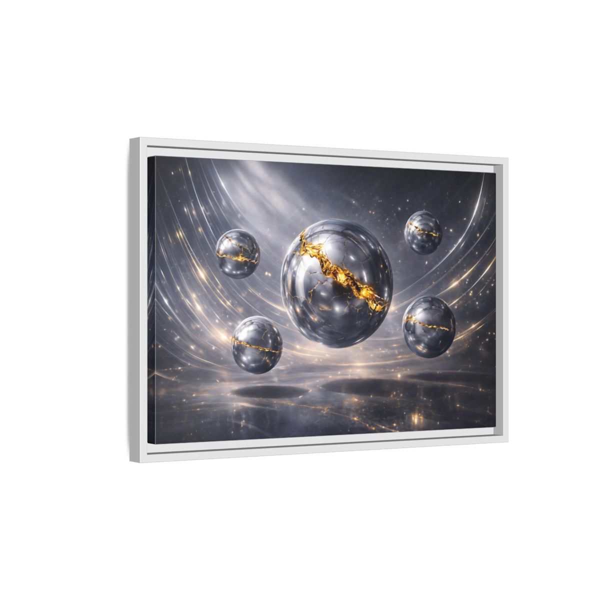 Side Mockup 1. Abstract Cracked Spheres Gold And Silver shown as stretched canvas wall art
