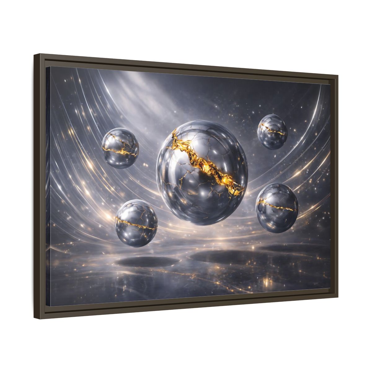 Side Mockup 11. Abstract Cracked Spheres Gold And Silver shown as stretched canvas wall art