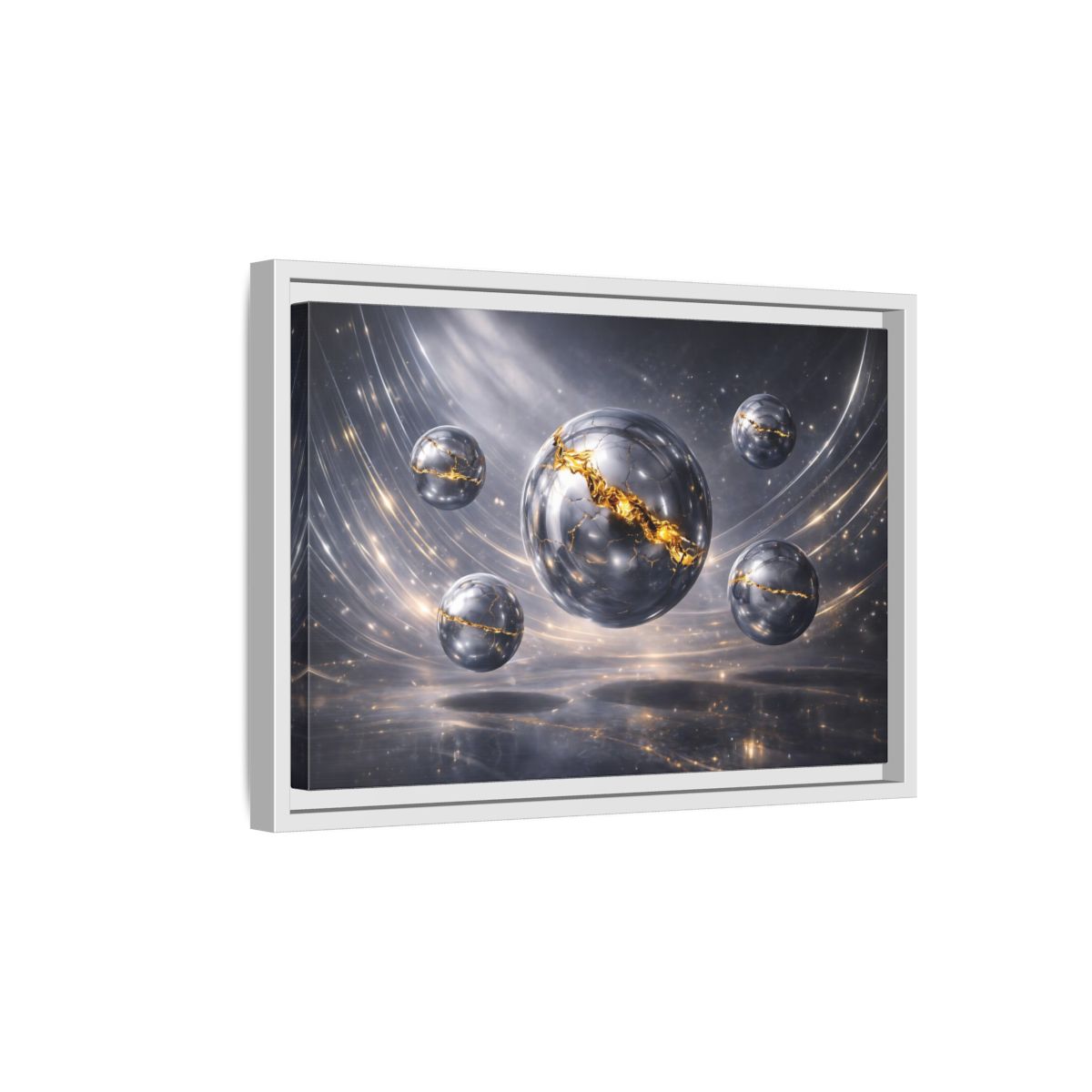 Side Mockup 4. Abstract Cracked Spheres Gold And Silver shown as stretched canvas wall art