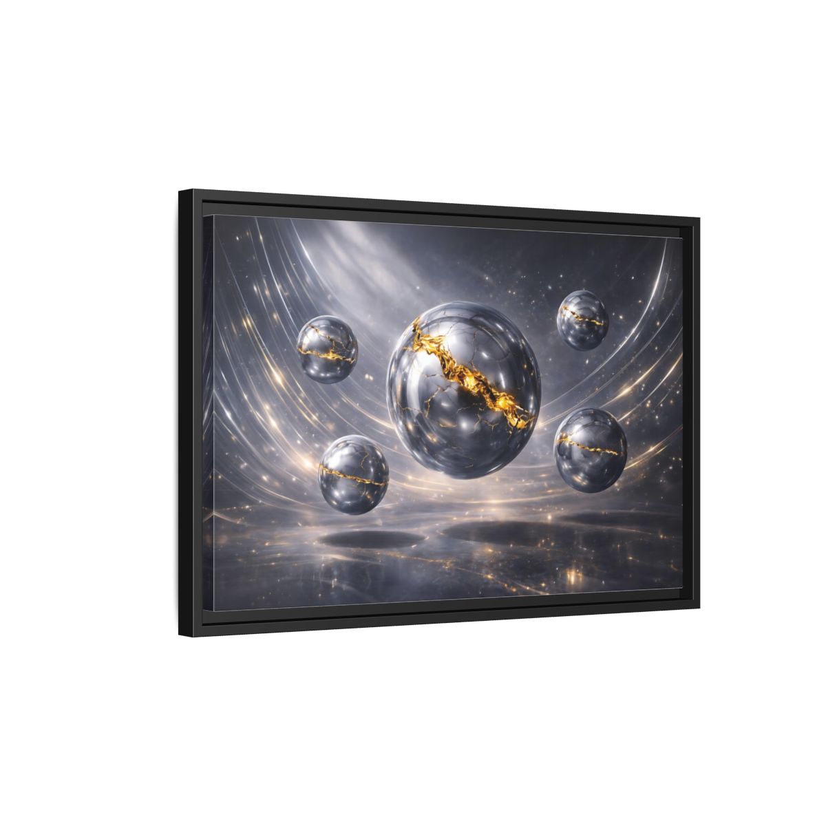 Side Mockup 3. Abstract Cracked Spheres Gold And Silver shown as stretched canvas wall art