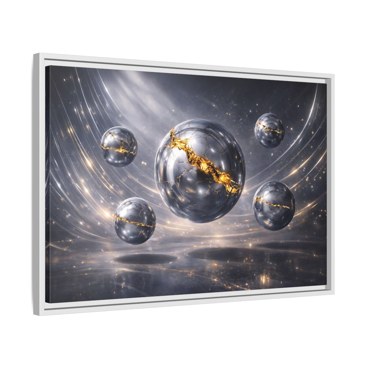 Side Mockup 10. Abstract Cracked Spheres Gold And Silver shown as stretched canvas wall art
