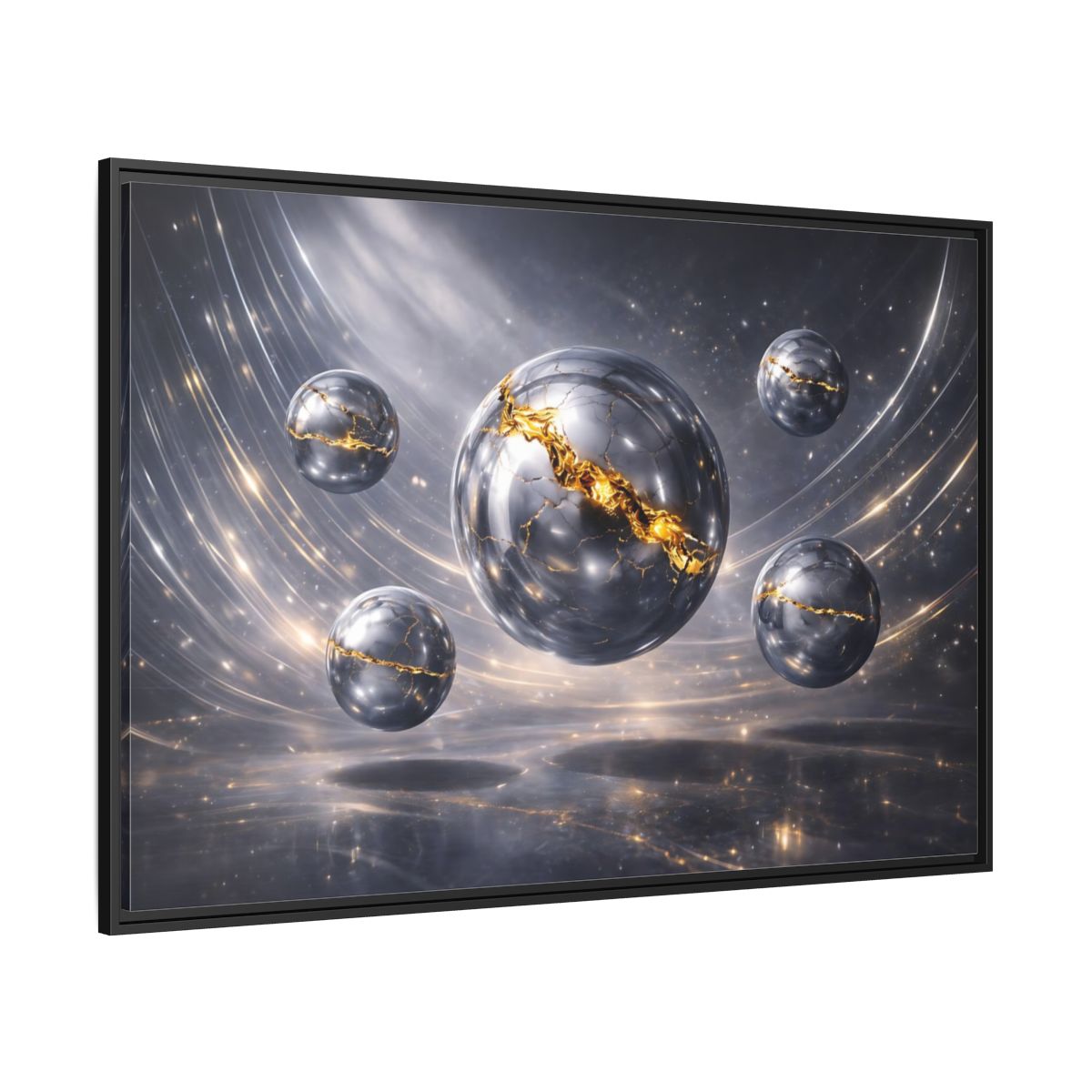 Side Mockup 12. Abstract Cracked Spheres Gold And Silver shown as stretched canvas wall art