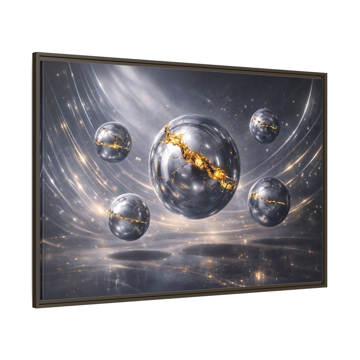 Side Mockup 8. Abstract Cracked Spheres Gold And Silver shown as stretched canvas wall art