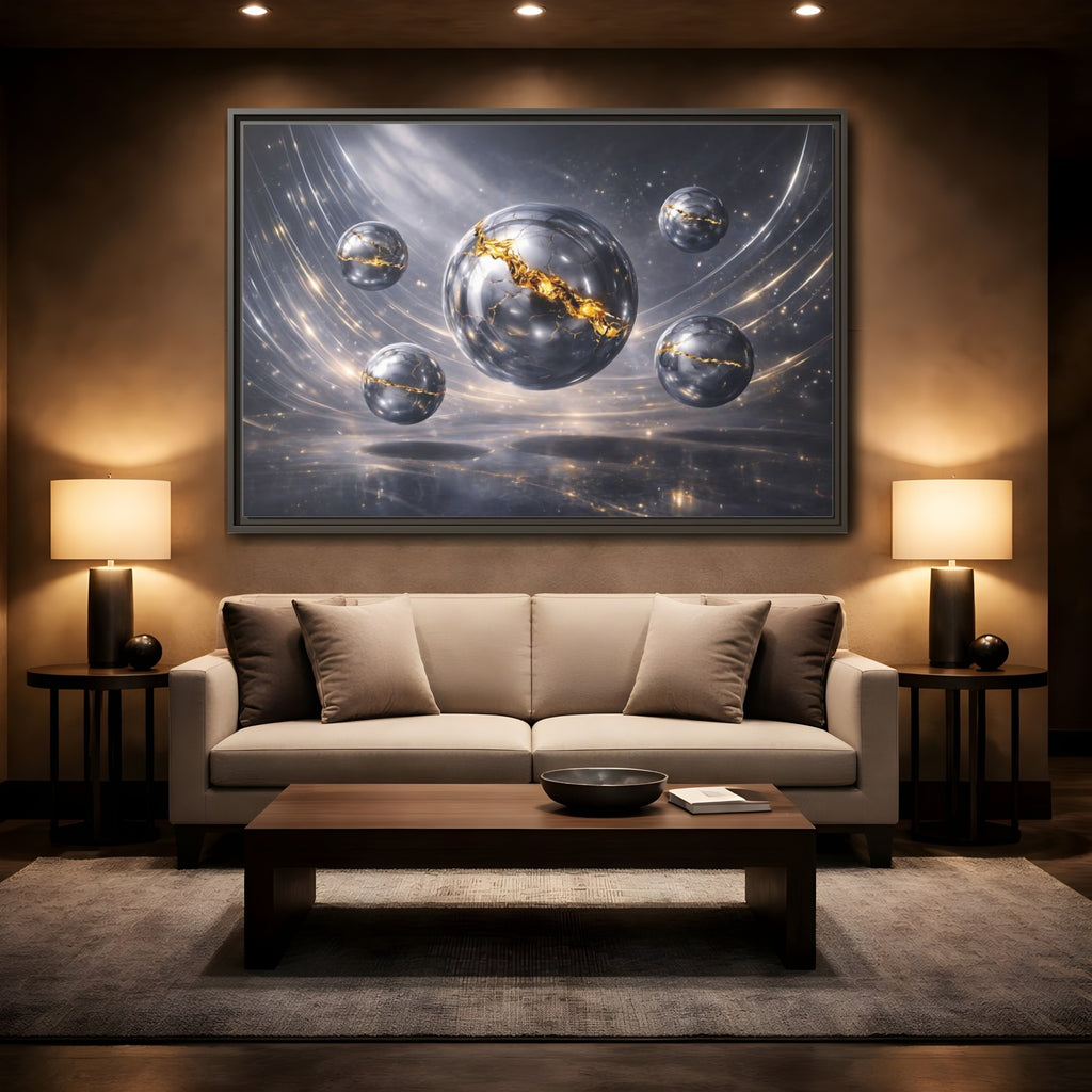 Mockup 2. Abstract Cracked Spheres Gold And Silver shown as stretched canvas wall art