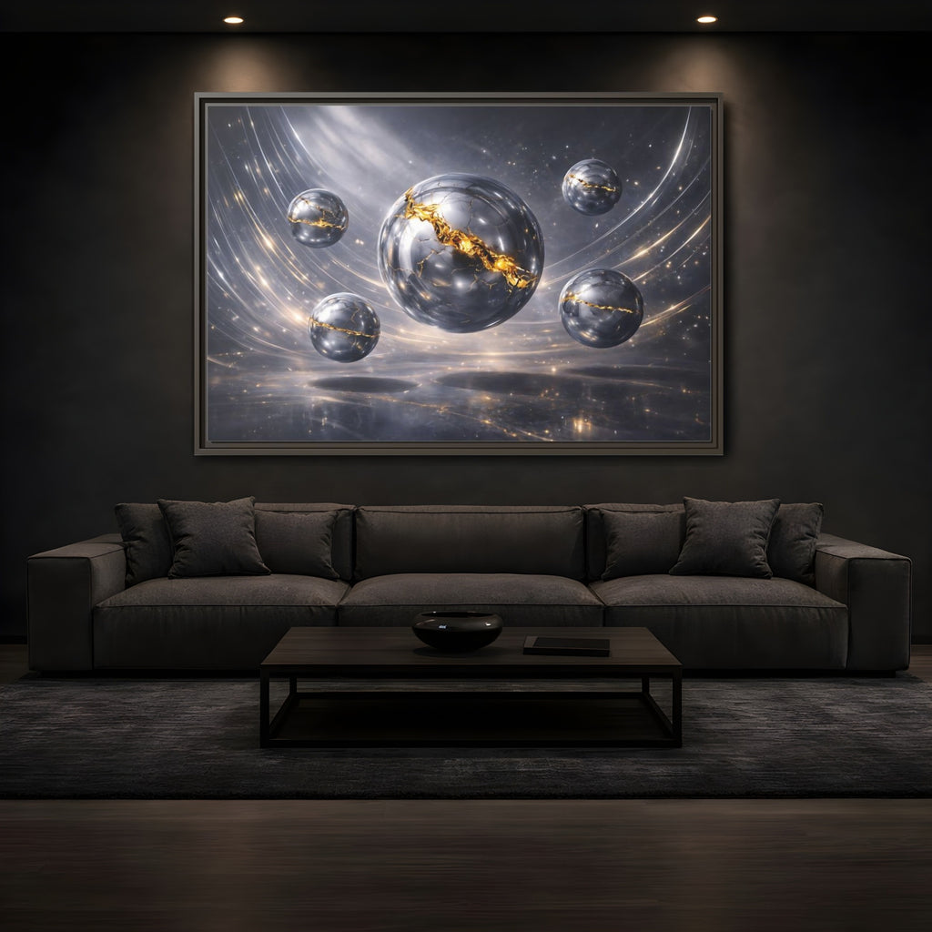 Mockup 3. Abstract Cracked Spheres Gold And Silver shown as stretched canvas wall art