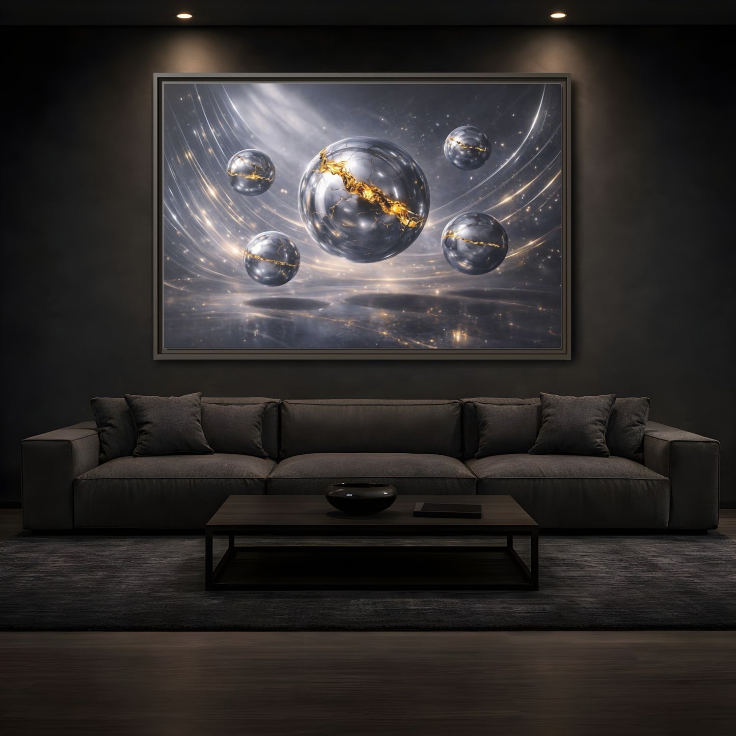 Mockup 3. Abstract Cracked Spheres Gold And Silver shown as stretched canvas wall art