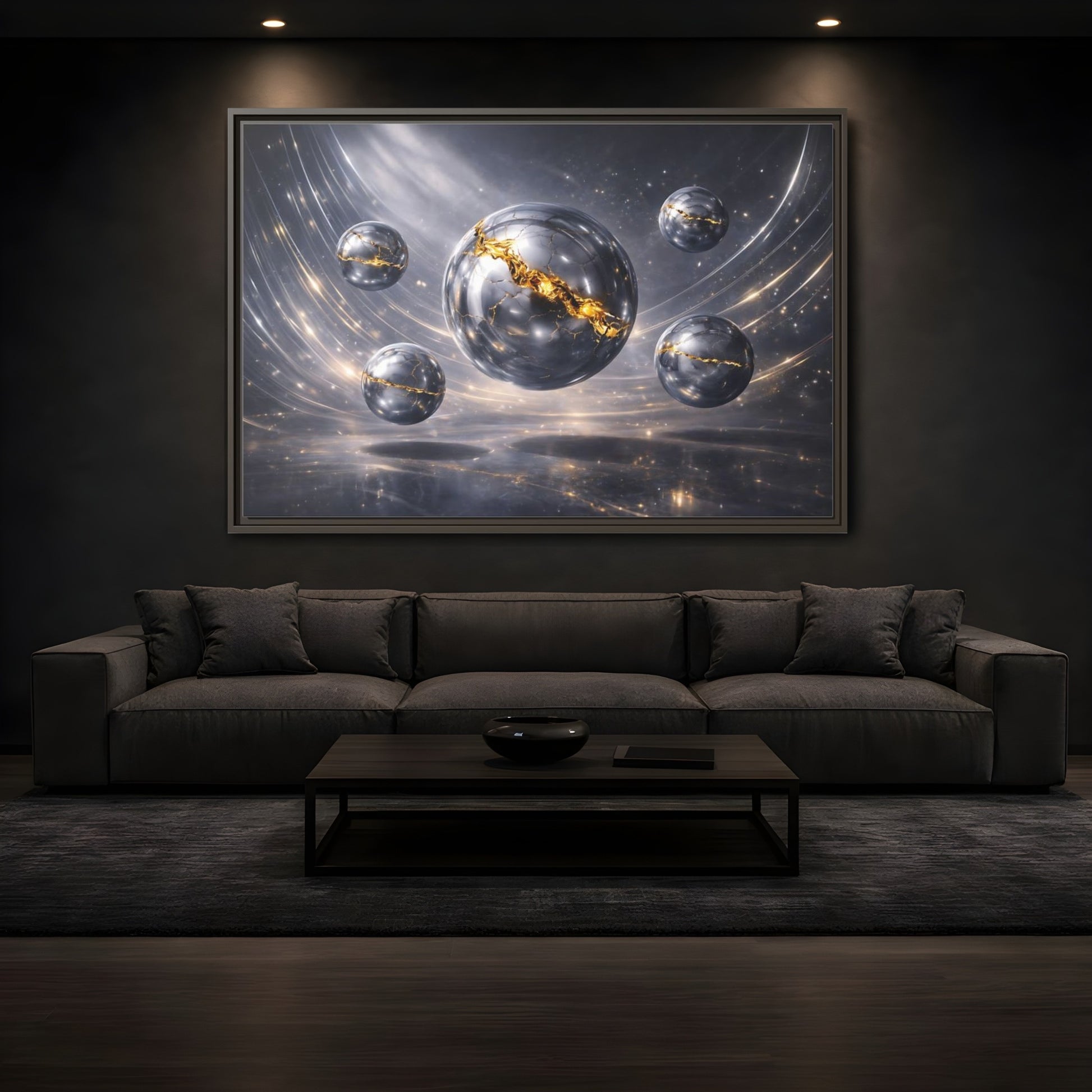 Mockup 3. Abstract Cracked Spheres Gold And Silver shown as stretched canvas wall art