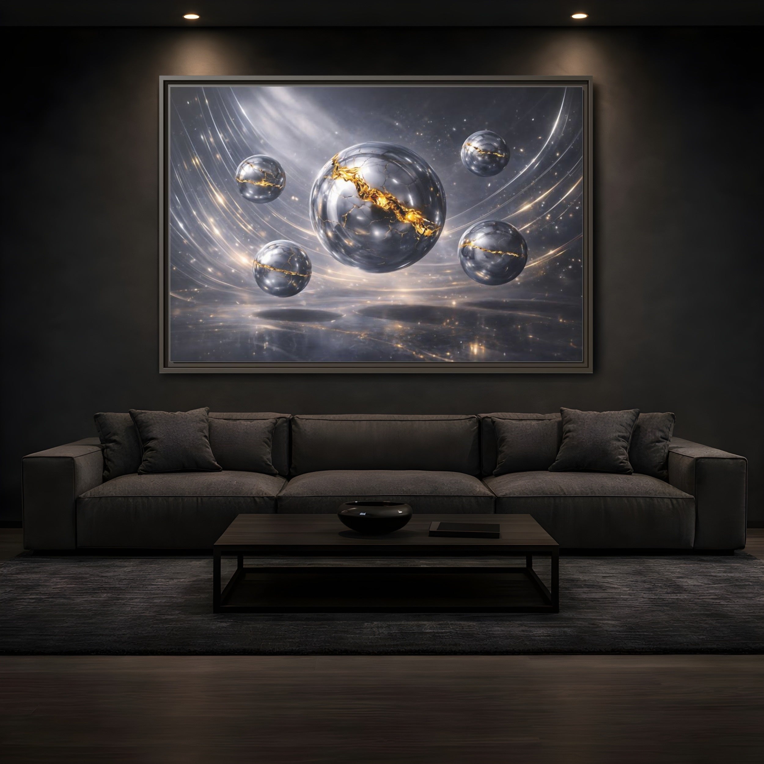 Mockup 3. Abstract Cracked Spheres Gold And Silver shown as stretched canvas wall art