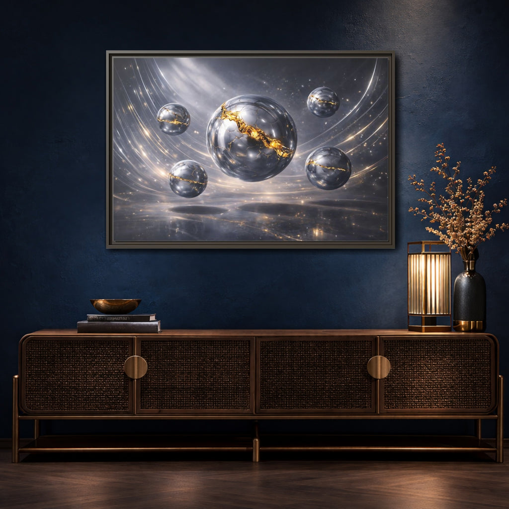 Mockup 4. Abstract Cracked Spheres Gold And Silver shown as stretched canvas wall art