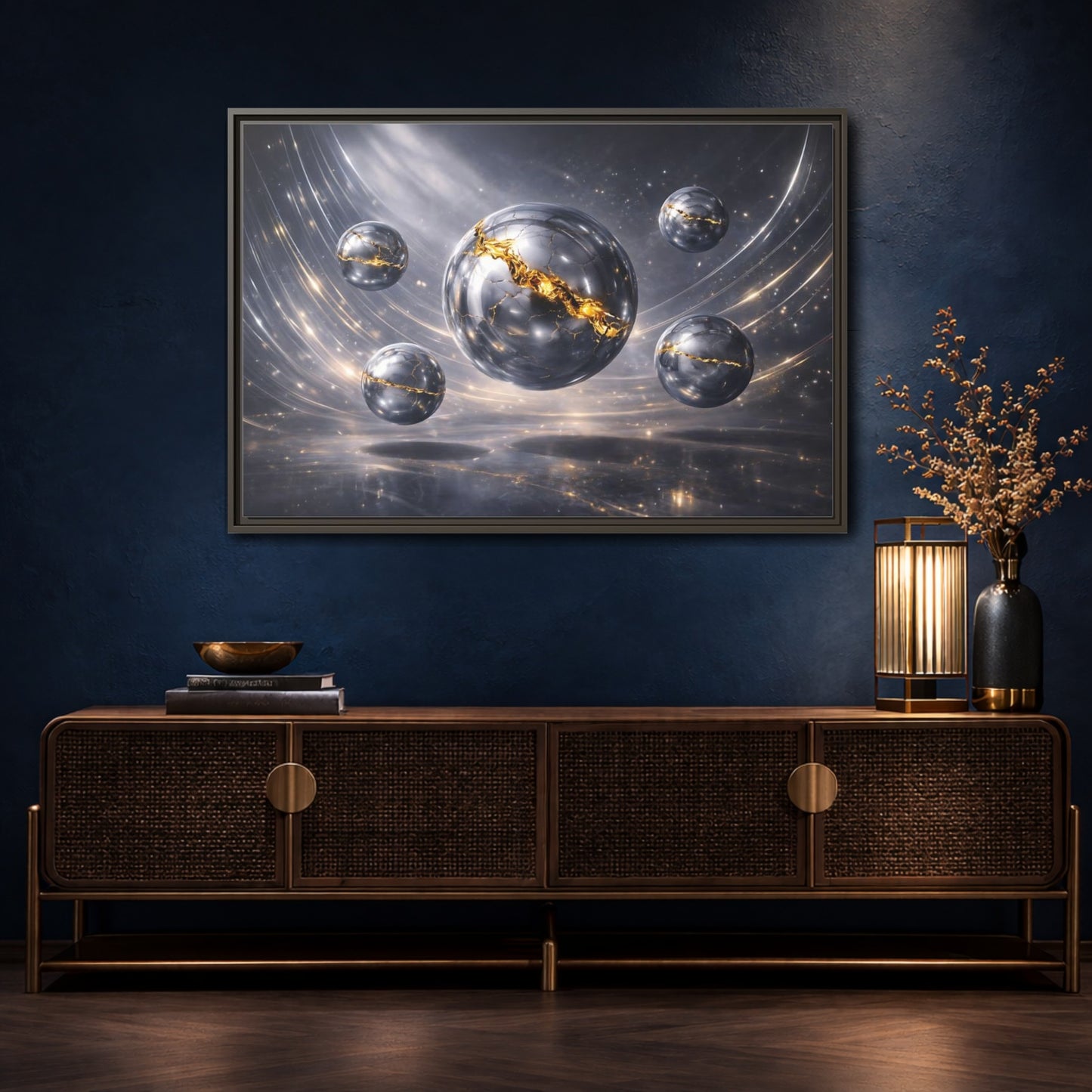 Mockup 4. Abstract Cracked Spheres Gold And Silver shown as stretched canvas wall art