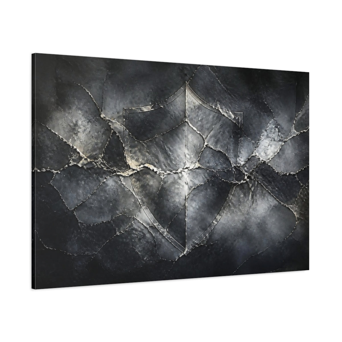 Side Mockup 1. Abstract Cracked Stone Shield shown as canvas print