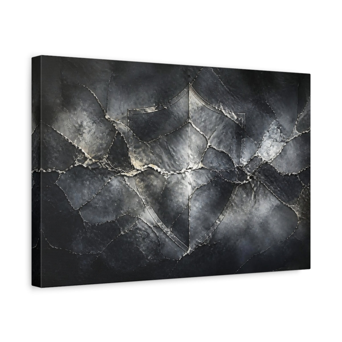 Side Mockup 4. Abstract Cracked Stone Shield shown as canvas print