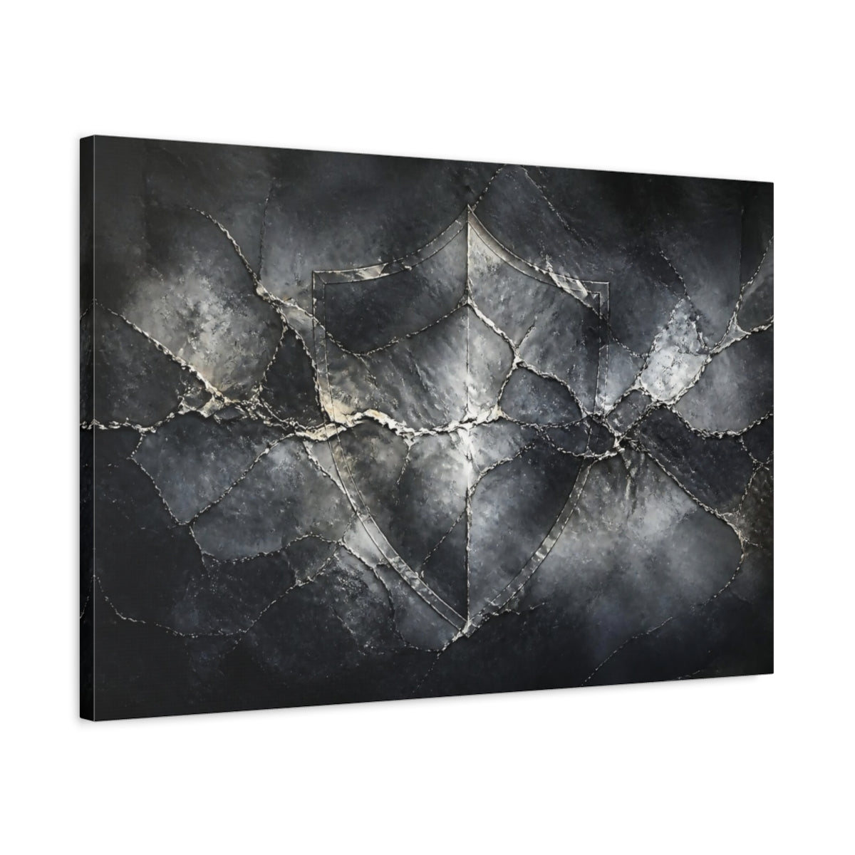 Side Mockup 2. Abstract Cracked Stone Shield shown as canvas print