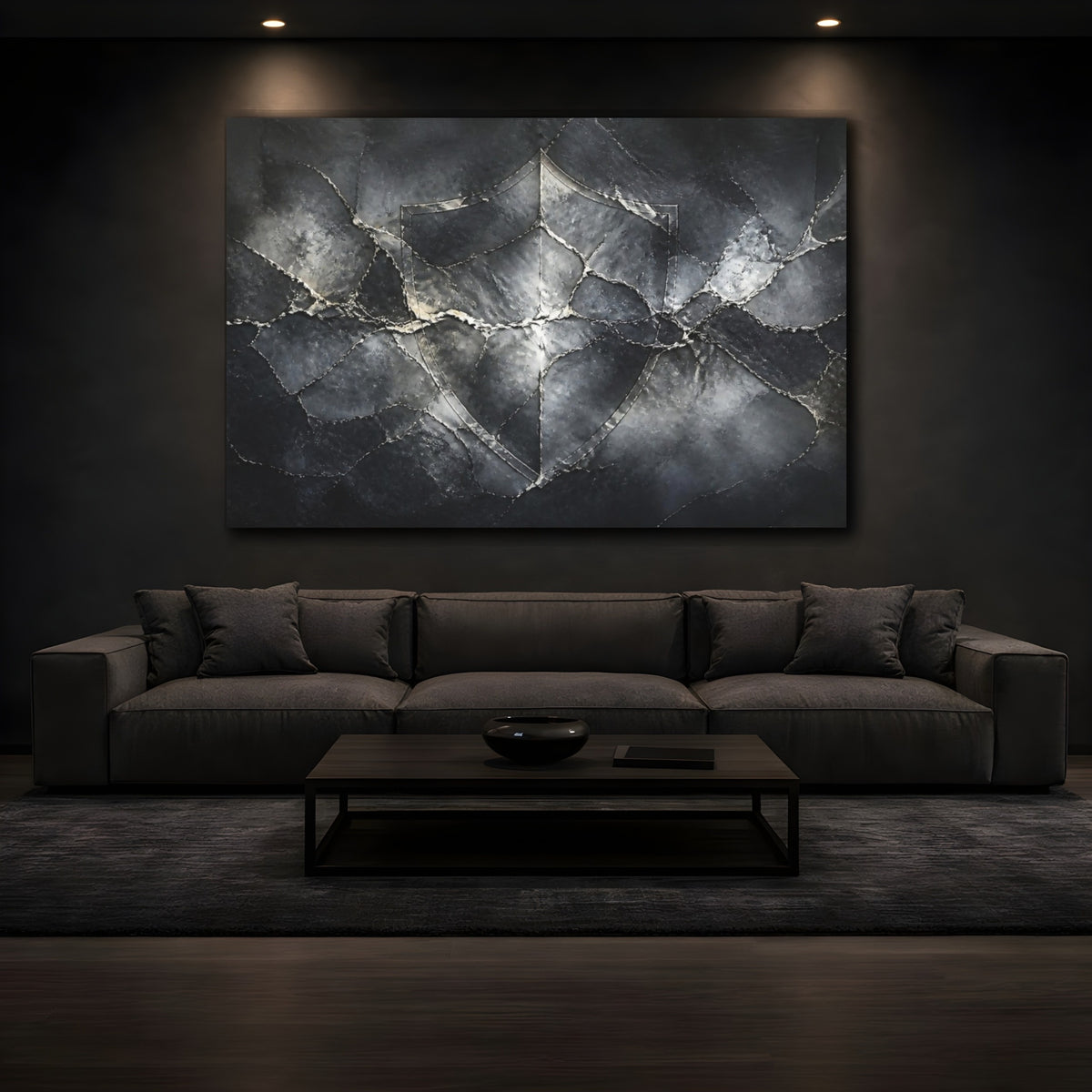 Mockup 3. Abstract Cracked Stone Shield shown as canvas print
