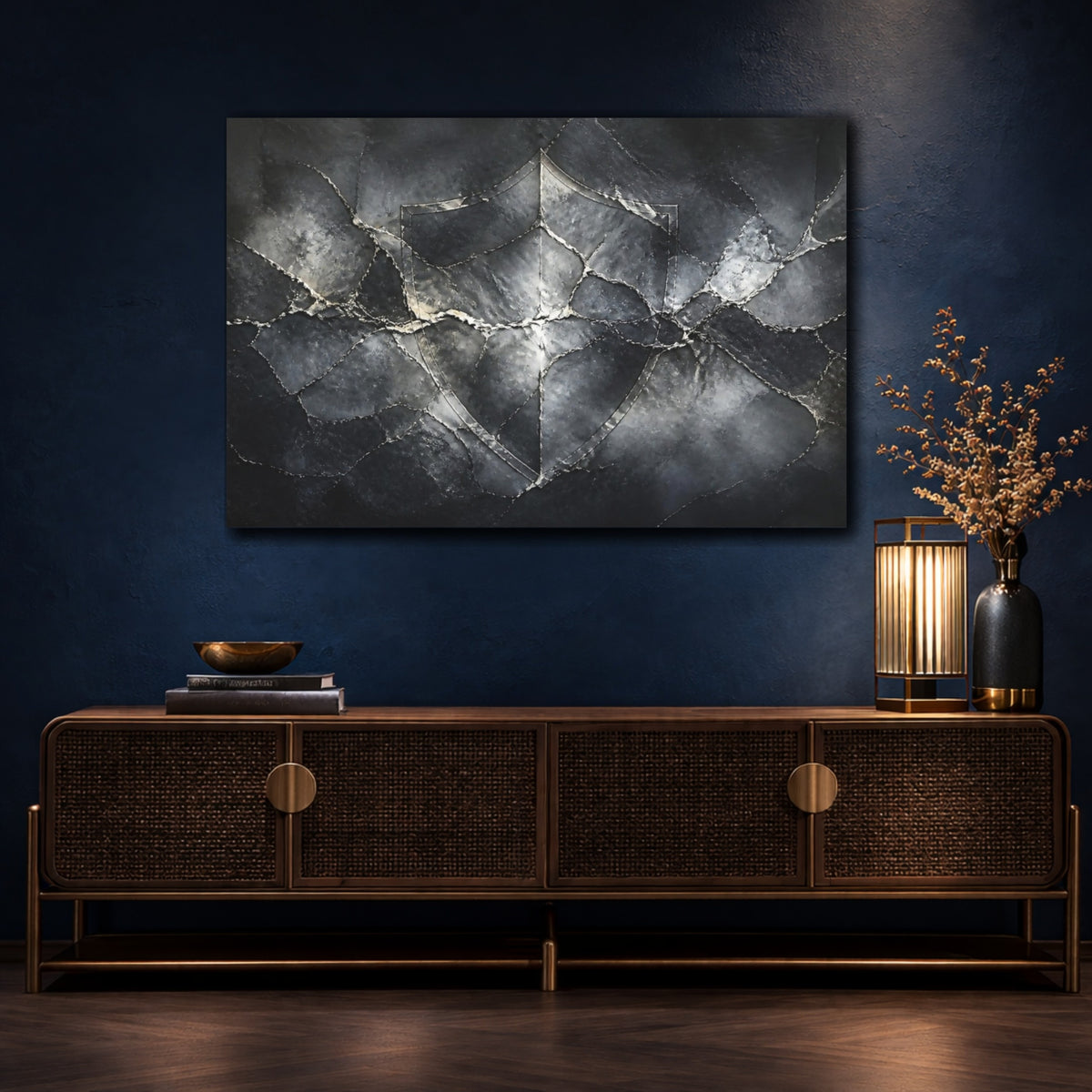 Mockup 4. Abstract Cracked Stone Shield shown as canvas print