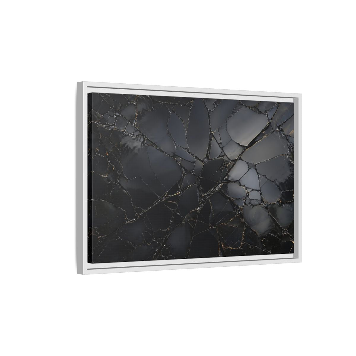 Side Mockup 1. Abstract Cracked Surface Black And Gold shown as stretched canvas wall art