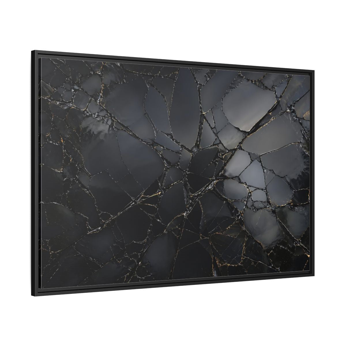 Side Mockup 12. Abstract Cracked Surface Black And Gold shown as stretched canvas wall art