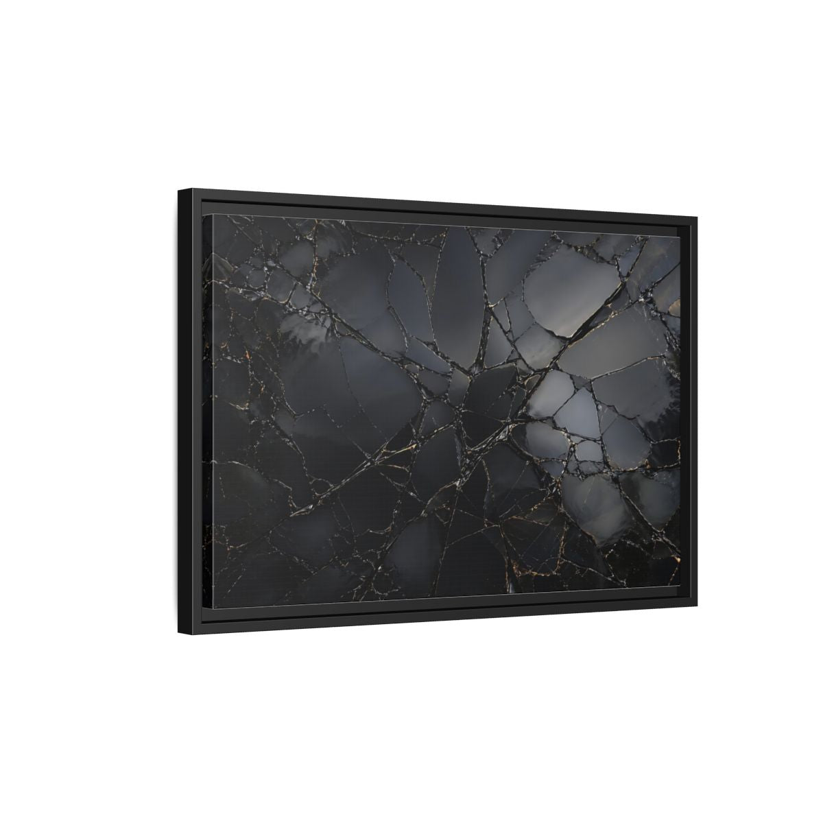 Side Mockup 3. Abstract Cracked Surface Black And Gold shown as stretched canvas wall art