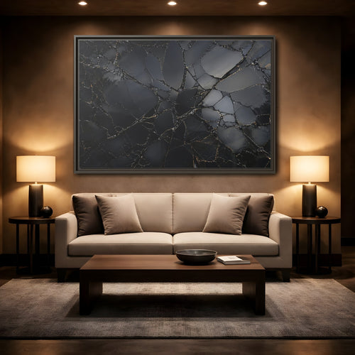 Mockup 2. Abstract Cracked Surface Black And Gold shown as stretched canvas wall art