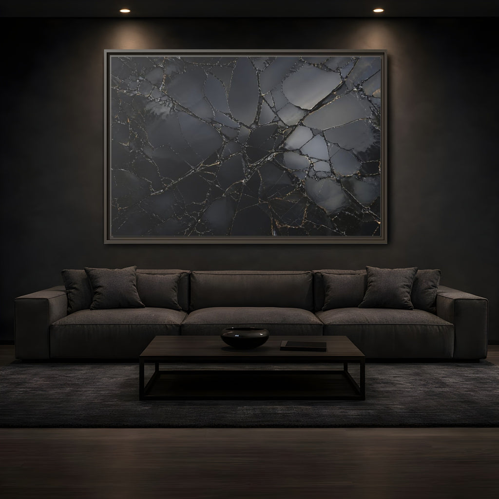 Mockup 3. Abstract Cracked Surface Black And Gold shown as stretched canvas wall art