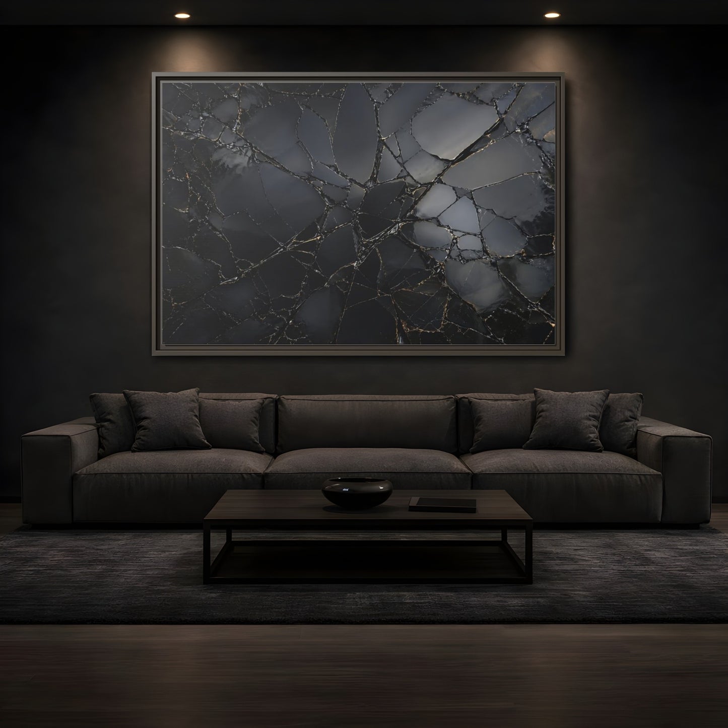 Mockup 3. Abstract Cracked Surface Black And Gold shown as stretched canvas wall art