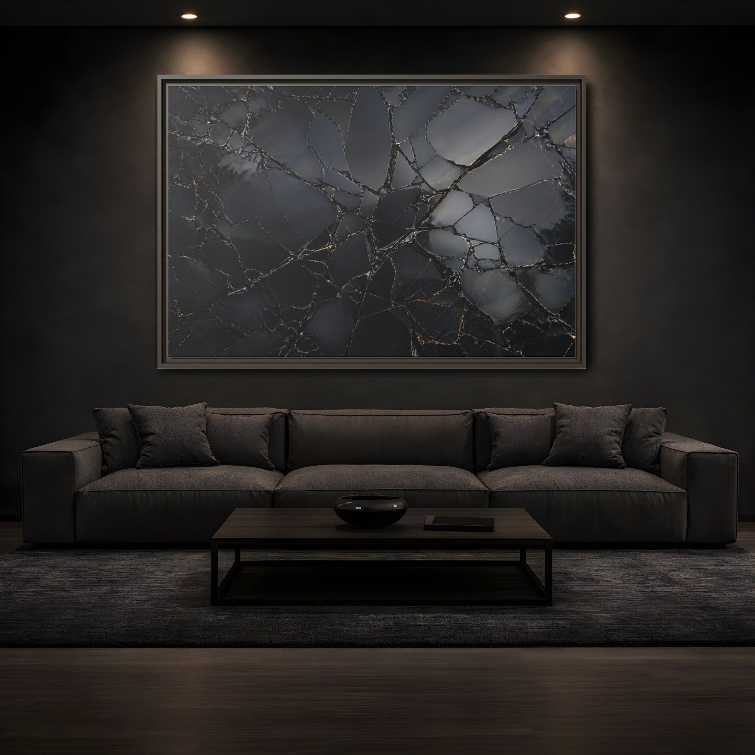 Mockup 3. Abstract Cracked Surface Black And Gold shown as stretched canvas wall art