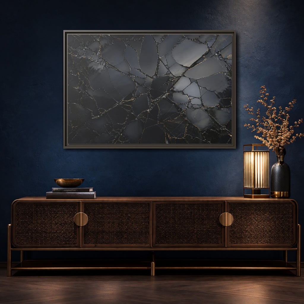 Mockup 4. Abstract Cracked Surface Black And Gold shown as stretched canvas wall art