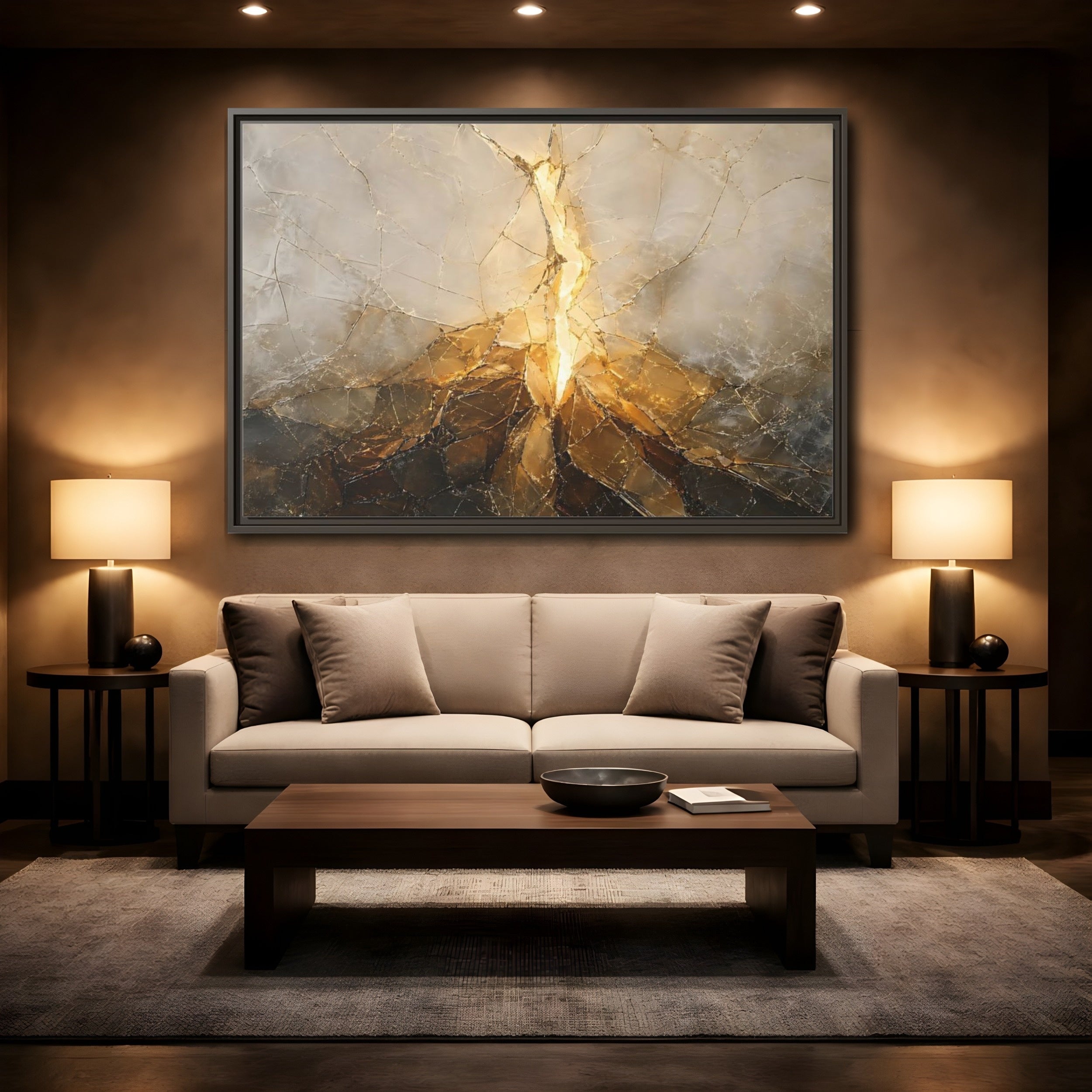 Mockup 2. Abstract Cracked Texture Gold And Gray Abstract shown as stretched canvas wall art