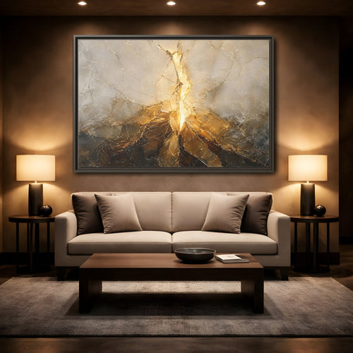 Mockup 2. Abstract Cracked Texture Gold And Gray Abstract shown as stretched canvas wall art
