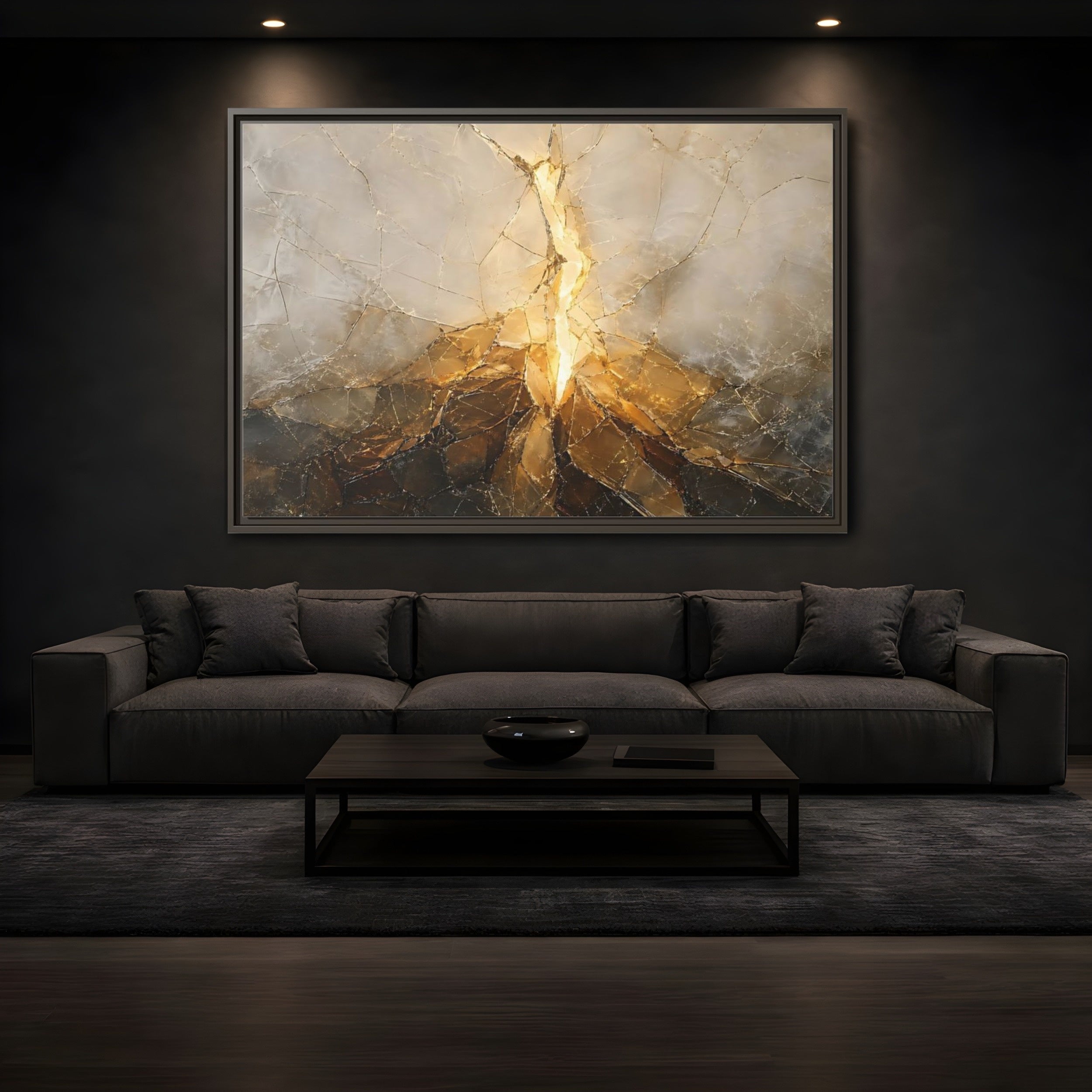 Mockup 3. Abstract Cracked Texture Gold And Gray Abstract shown as stretched canvas wall art