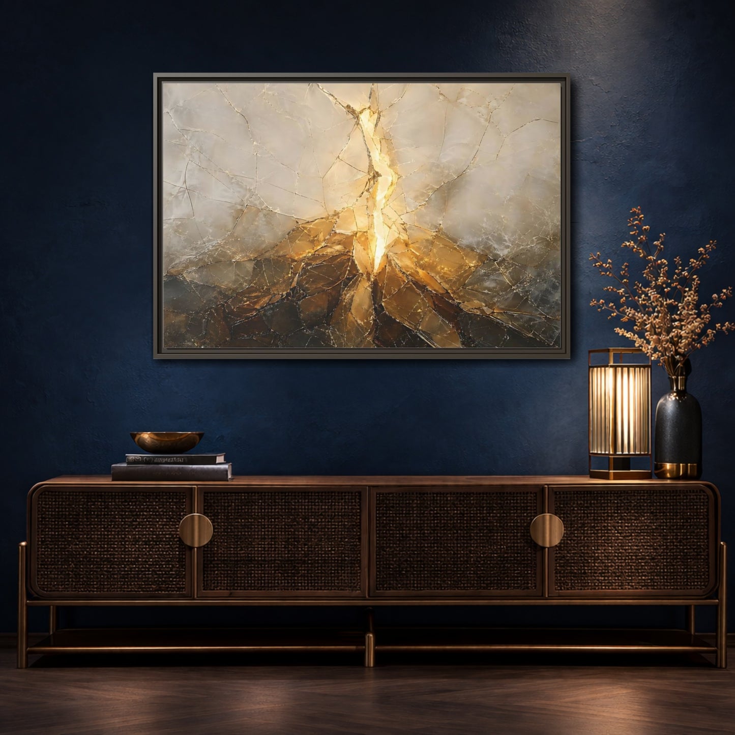 Mockup 4. Abstract Cracked Texture Gold And Gray Abstract shown as stretched canvas wall art