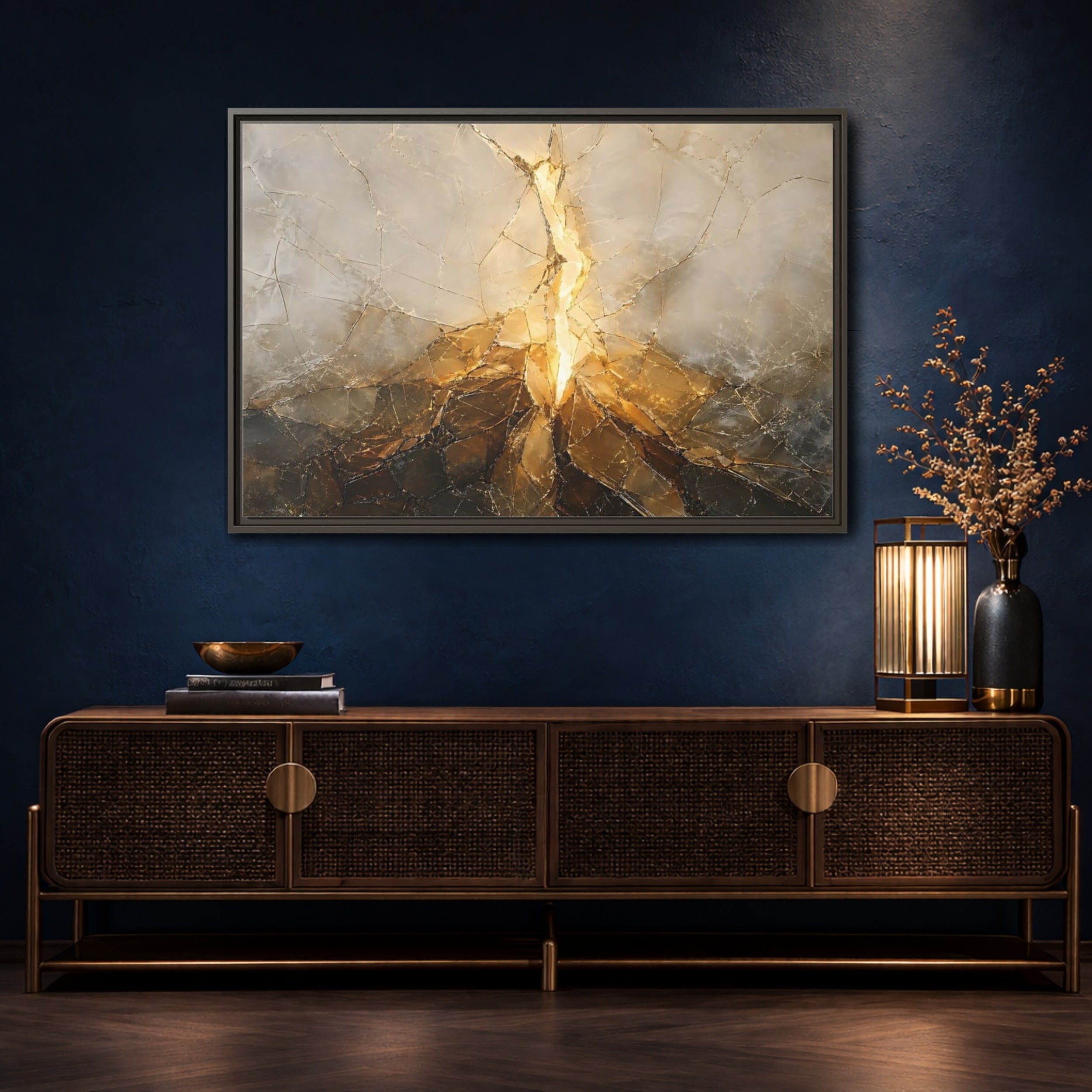 Mockup 4. Abstract Cracked Texture Gold And Gray Abstract shown as stretched canvas wall art