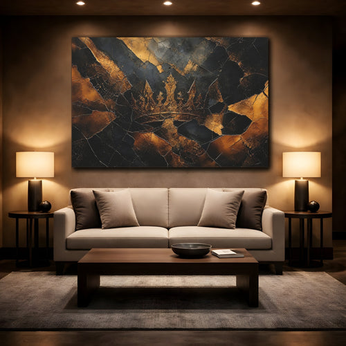 Mockup 2. Abstract Crown Black And Gold shown as stretched canvas wall art