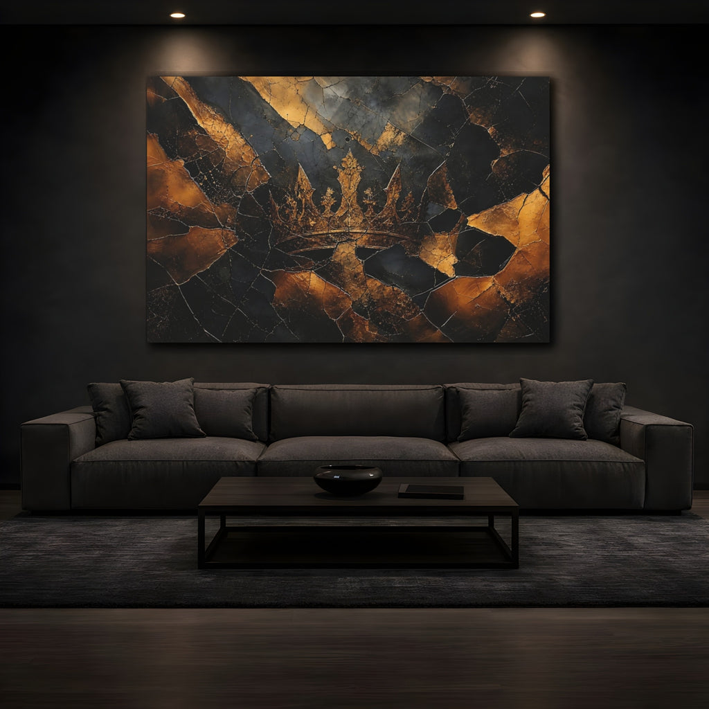 Mockup 3. Abstract Crown Black And Gold shown as stretched canvas wall art