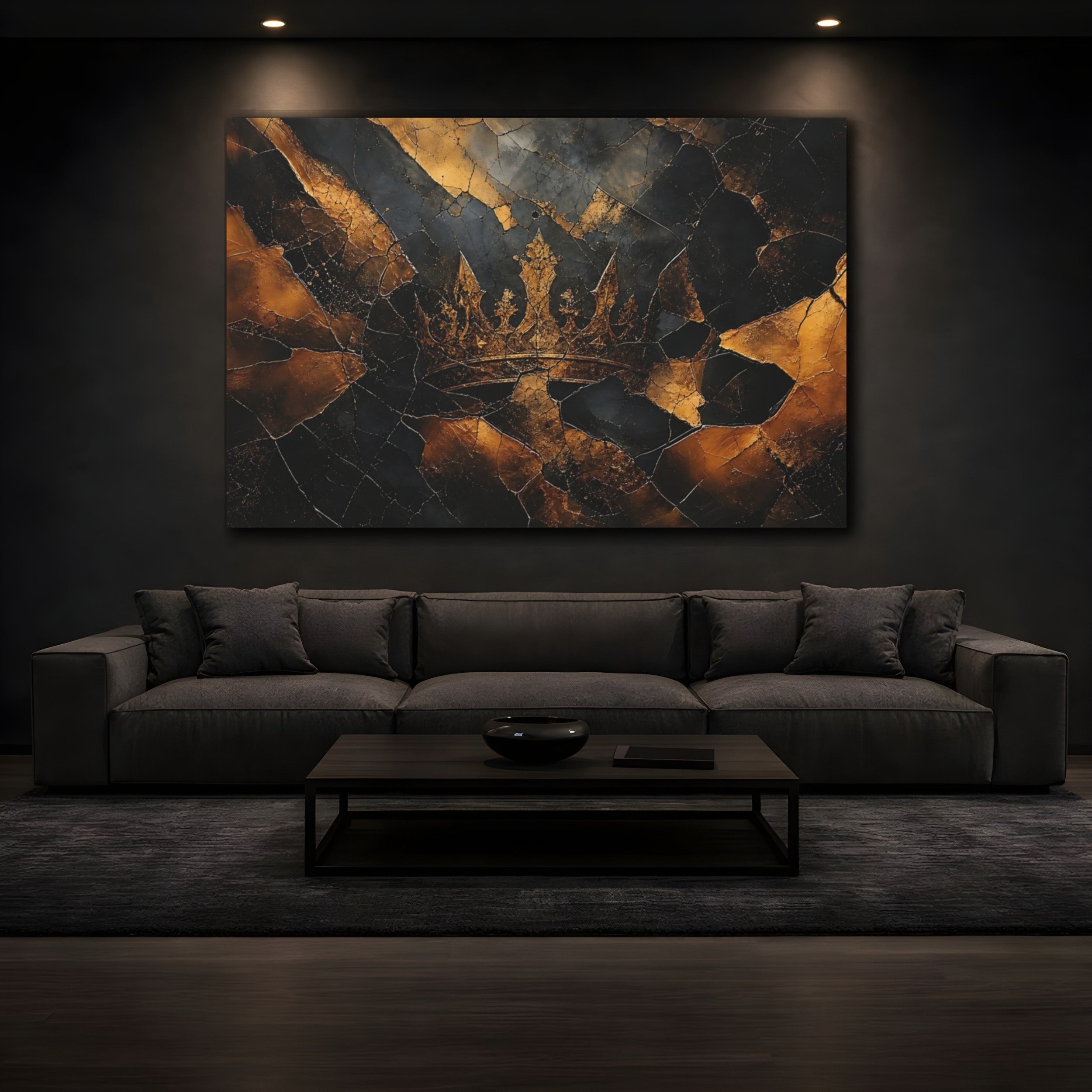 Mockup 3. Abstract Crown Black And Gold shown as stretched canvas wall art