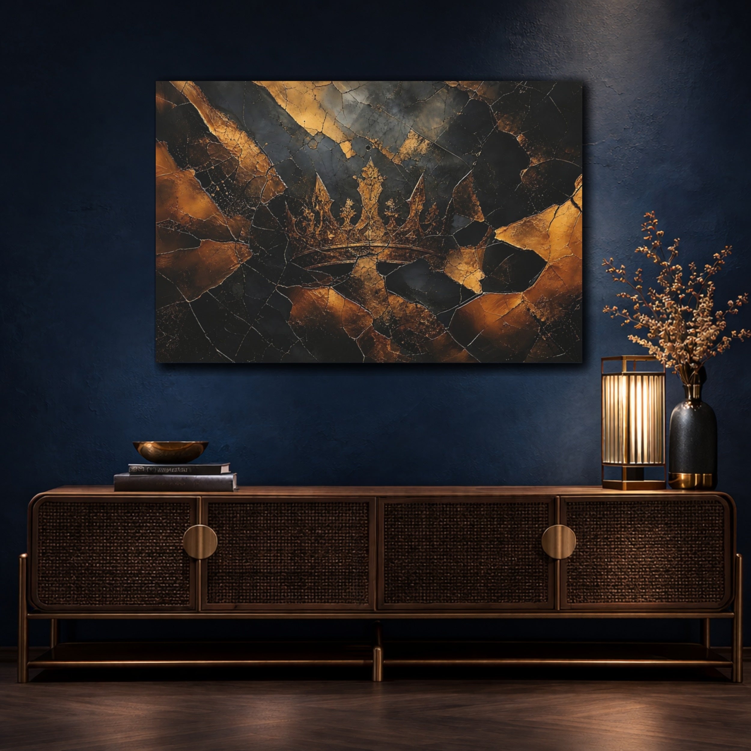 Mockup 4. Abstract Crown Black And Gold shown as stretched canvas wall art