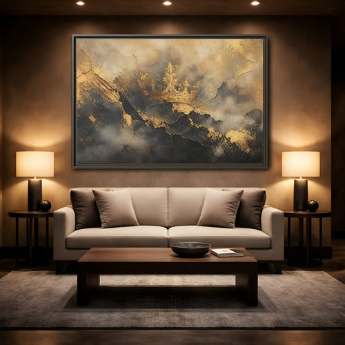 Mockup 2. Abstract Crown Gold And Black Crown shown as stretched canvas wall art