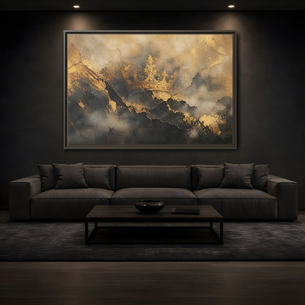 Mockup 3. Abstract Crown Gold And Black Crown shown as stretched canvas wall art