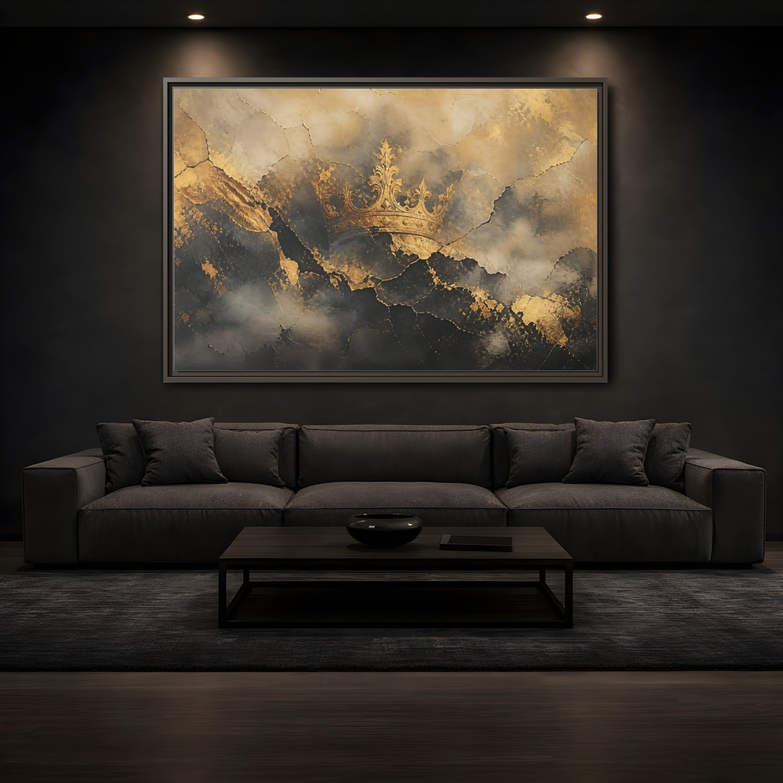 Mockup 3. Abstract Crown Gold And Black Crown shown as stretched canvas wall art