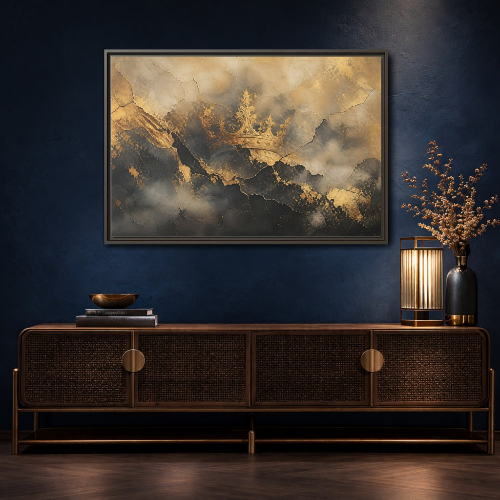Mockup 4. Abstract Crown Gold And Black Crown shown as stretched canvas wall art