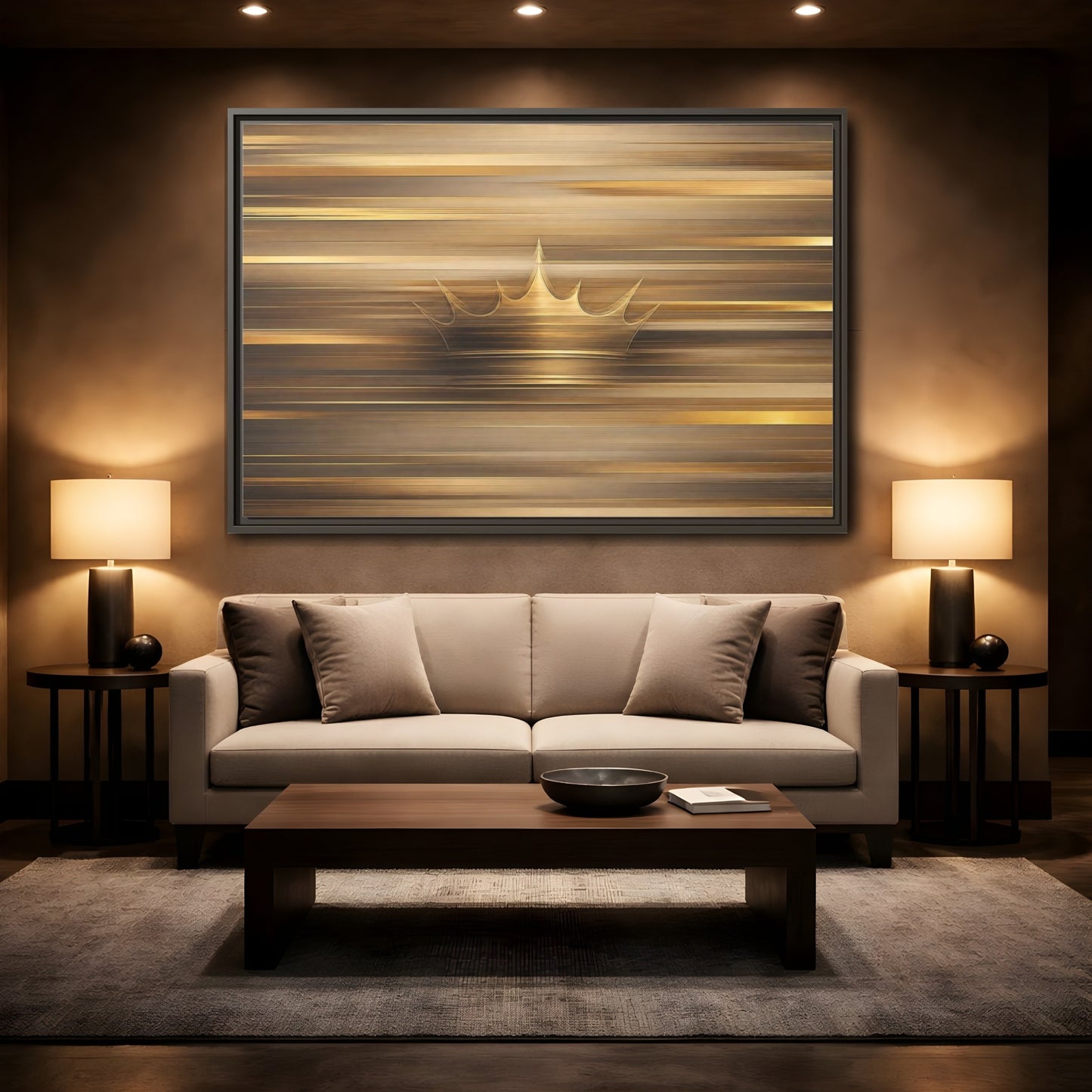 Mockup 2. Abstract Crown Gold And Brown shown as stretched canvas wall art